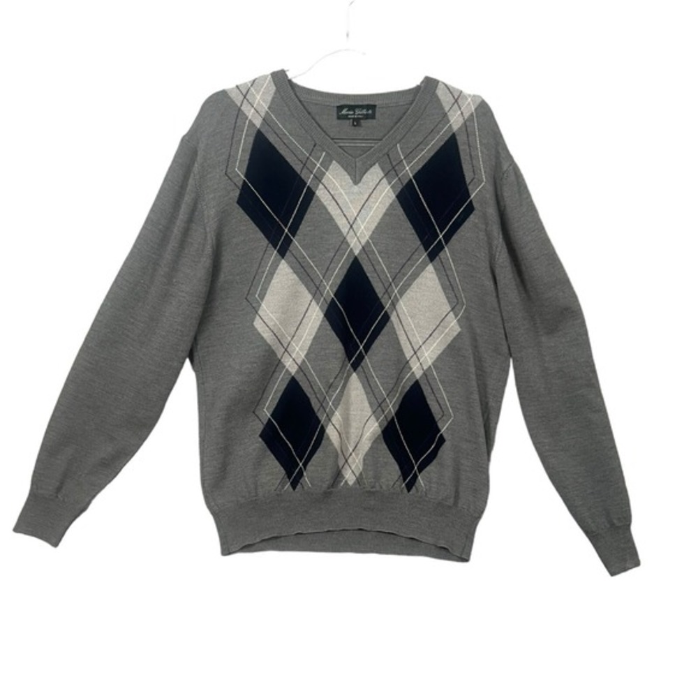 Mario Gilberti Argyle Sweater‎ Mens L Grey Navy Merino Wool V-Neck Made in Italy - Picture 2 of 12